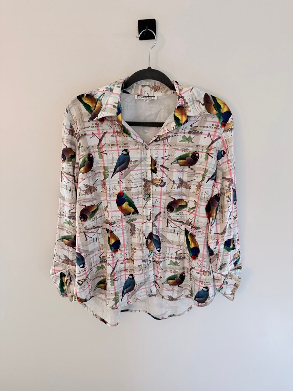 Mishca Bird-Print Colorful Songbirds Button-Up Blouse-Size XL